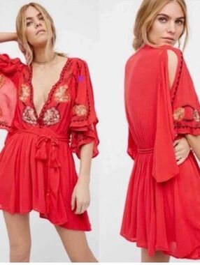 Free People Red Embroidered Mini Dress